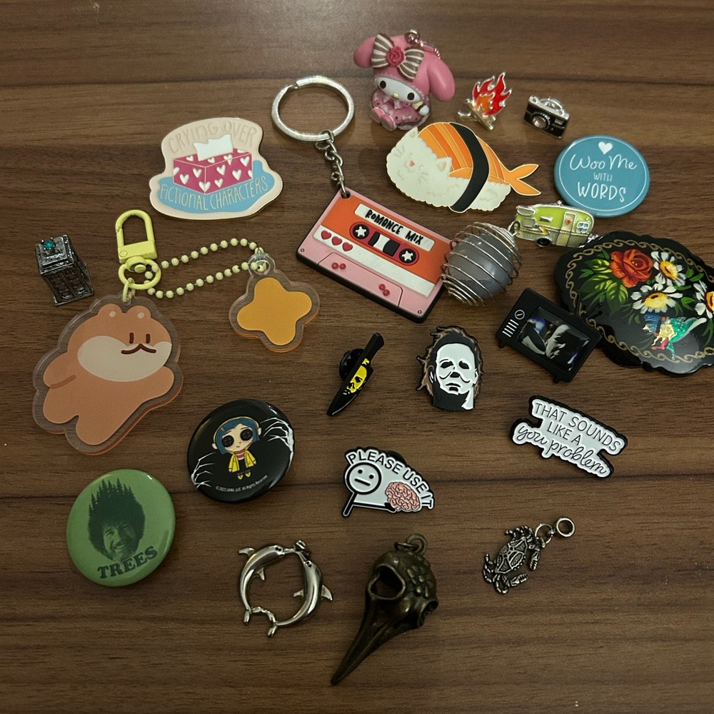 Assorted Cute and Quirky Pins, keychains, and trinkets